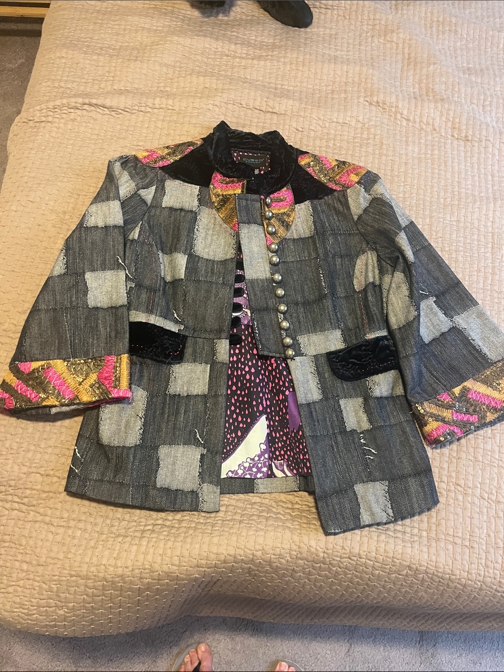 Custo Barcelona Mixed Media Fabric Patchwork Blazer with Pink & Gold Trim